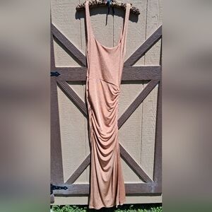 Mishka Rose Gold Shimmery Ruched Midi Slip Dress